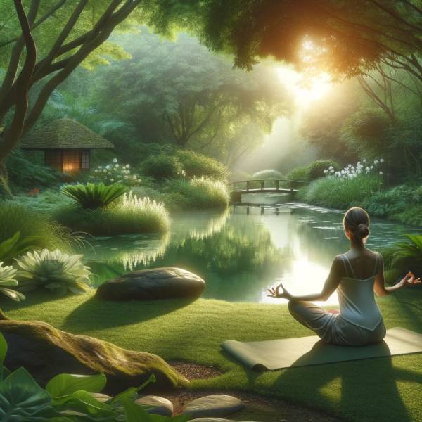 Mujer practicando yoga en un entorno natural tranquilo, rodeada de vegetación y un estanque pequeño, simbolizando la desintoxicación y la conexión con la naturaleza.